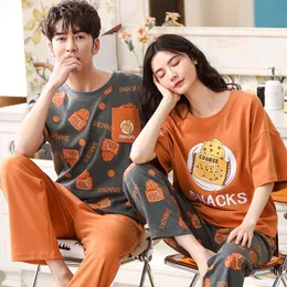 Men's Sleepwear Summer Cotton Couple Pajamas Casual Orange Short Sheeve Women Home Wear Men Plus Size Nightwear Cartoon Snacks Print