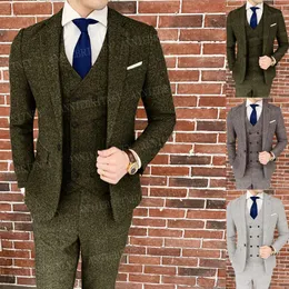 Men's Suits & Blazers 2023 Brand Dark Green Tweed Groom Wedding Suit Tuxedo Slim Fit Charcoal Blazer Vest Pants 3 Piece Tailored Fashion For