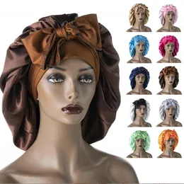 Women Satin Night Sleep Cap Large Hair Bonnet Long Tail Hat Silk Head Cover Wide Elastic Band Brimmed Shower Nightcap Head Wrap Chemo Cap Turban BC249