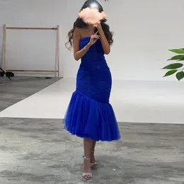 Простые королевские голубые миди -русалка вечернее платье сексуальные платья без бретелек для женских платьев для гостей.