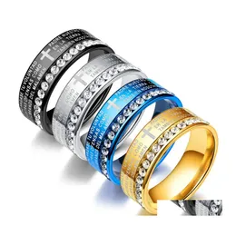 Band Rings Classic Spanien Bibelns skrifter Cross Couple With Crystal Religion Vers Rostfritt st￥l Fingerring f￶r m￤n Kvinnor Fashion Otqtt