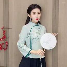 Этническая одежда 2023, китайский стиль, женский традиционный топ ханьфу, винтажная блузка с длинными рукавами, хлопок и лен, ретро A55