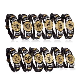 Bracelets de charme 12 constela￧￵es de couro genu￭no Men s zodiac vintage vintage corda embrulhada em pulseira ajust￡vel para mulheres punk diy jewelr otc4m