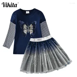 Roupas Conjuntos de roupas Vikita Crianças Roupas Autumn Spring Kids Listred Cotton Butterfly lantejous casuais e malha elástica Mini saias