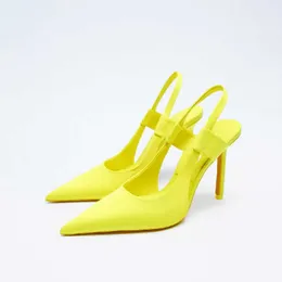 Elbise ayakkabılar sarı yüksek topuklu kadınlar stiletto pompalar rahat sivri uçlu saplama sırtı