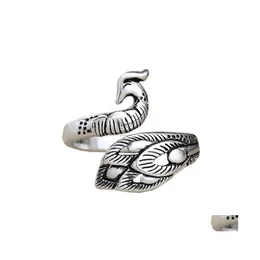Ringas de cluster vintage Black Sier Color Peacock Phoenix Bird Ring For Women Tamanho da liga ajust￡vel Boho J￳ias femininas Deld otqyd