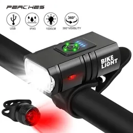 Bike Lights T6 LED Bicycle Light Set 10W 1000LM USB Rechargeable Power Display Headlight Taillight Luz Bicicleta Accessories 230204