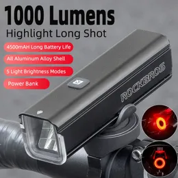 أضواء الدراجة Rockbros 1000lm مصباح أمامي Typec LED قابلة لإعادة الشحن 4500MAH إكسسوارات المصباح المقاوم للماء 230204