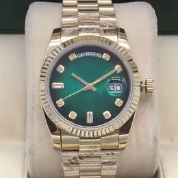 Original Box Certificate 18K Gold President Male Watches Day Date Diamonds Green Dial Watch Män rostfri Diamond Bezel Automatisk armbandsur 20236