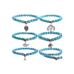 Bracciale con ciondoli gufo turchese con perline Life Wisdom Tree Cross Elephant Ciondolo Stone Power Beads Stretch fatto a mano per uomo e donna Dro Dhtky