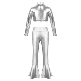 Clothing Sets Kid Girl Glossy Metallic Long Sleeves Mock Neck Crop Top With High Waist Bell-bottoms Pants Practice For Dance Stage