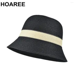قبعات واسعة الحافة HOAREEE WOMENS SUN HAT Black Straw Summer Patchwork Patchwork 2023 Arrival Ladies Bucket