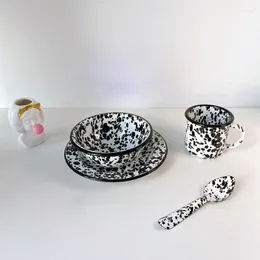 Talerze sztuka czarny atrament marmurowy wzór śniadania Sałatka serce płaska płyta piknikowa miska miska łyżka