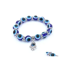 Beaded Blue Evil Eye Hamsa Hand Fatima Palm Beads Bracelets For Women Chain Vintage Jewelry Female Elastic Drop Delivery Dhnbl