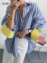 Women's Blouses Shirts TWOTWINSTYLE Straight Fashion Shirt For Women Lapel Long Sleeve Striped Colorblock Button Through Blouse Female Clothing Style 230204