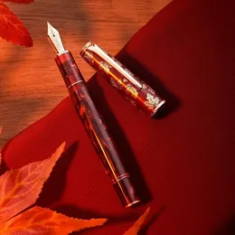 Penne di fontane Hongdian N8 Penna stilografica Red Acrilic Resina Mapero Cappo di intaglio a foglie di foglia Finito Finitura Smooth Writing Pen