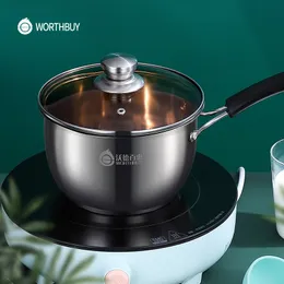 Milk Pot Worthbuy multiuso antiaderente com tampa de vidro Poupa de aço inoxidável cozinha para mingau de sopa Cozinha de cozinha 230204