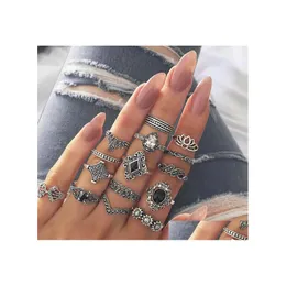 Cluster Rings 9 Styles Bohemian Midi Knuckle Finger Set per le donne Vintage Retro Sier Lotus Flower Crowncrystal Geometric Ring Female Otufi