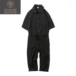 Herrbyxor kort ärm Hip Hop Solid Color Fashion 2023 Men's Wide Len Loose Siamese Trousers Pocket Street Workwear Men Jumpsuit