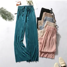 Women's Sleepwear Daeyard Women Summer Ice Silk Trousers Wide Leg Loose Pants Casual High Waist Long Pleated Sleep Bottoms Large Size