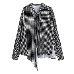 Camicette da donna ZXQJ Donna 2023 Moda Scava Fuori Polka Dot Asimmetria allentata Colletto con fiocco vintage Camicie da donna a maniche lunghe Mujer