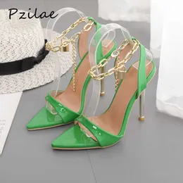 Платье обуви Pzilae Transparent PVC Summer Sandals Женские модные цепь лодыжка сексуальная подъемная лампа