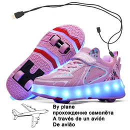 Sneakers Pink USB Charging Fashion Girls Boys LED Light Roller Skate Shoes For Children Kids Sneakers With Wheels Four wheels 230203