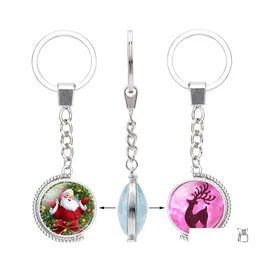 Keychains Lanyards Julglas Cabochon Double Sides Reindeer Tree Santa Claus Bell Snowman Pendant Rotable Key Chain Jewelry Otonb