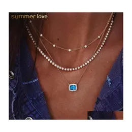 Anhänger Halsketten Elegante Mtilayer Geometrische Blaue Klare Kristall Choker Halskette Für Frauen Trendy Schmuck Geschenk Drop Lieferung Anhänger Dhtpn