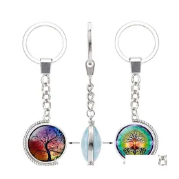 Keychains Lanyards Tree of Life Double Sided Rotable Glass Cabochon Time Gemstone Key Chain Sier Metal Rings smycken Tillbeh￶r I OTRJY