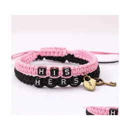 Urok Bracelets 2pcs/Lot Her i jego miłośnicy listów dla kobiet mężczyzn Vintage Key Lock Braided Rope Bangle Fashion Para Drop dostawa J OTL6S