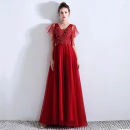 Ethnic Clothing Bride V-Neck A-Line Wedding Party Formal Backless Lace-up Toast Burgundy Beading Long Evening Dress