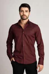 Men's Casual Shirts ALENMEZA Man 100 Cotton Red Claret Smart Four Seasons Modern Fit Without A Pocket Shirt