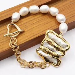 Strang Perlenstränge GuaiGuai Schmuck natürliche kultivierte weiße Reisperle Biwa-Anschluss vergoldetes Kettenarmband für Damenmodegeschenke