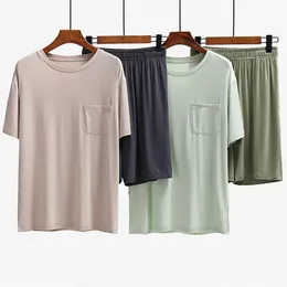 남성 몽유병 파자마 2pcs 세트 반바지 캐주얼 포켓 홈웨이 얇은 얼음 실크 세트와 고품질 모달 짧은 슬리브 티셔츠