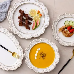 Płytki francuskie retro biały talerz Crown Relief Ceramiczne zastawa stołowa Home Okoła owalna płaska zupa miska wykwintna klasyczna danie deserowe