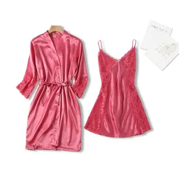 Womens Sleepwear Soft Satin Two-Piece Pajamas Sets Ice Silk Sexy Lace Nightgown Plus Size M-XL