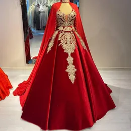 Elegant arabisk röd lång kändis kvällsklänningar med wrap guld spets applikation v-halsen ärmlös a-line prom klänning Dubai kaftan kvinnor formella festklänningar