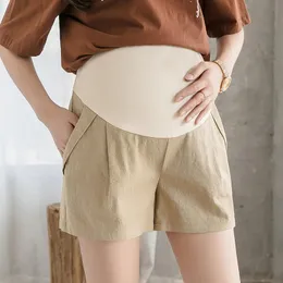 Moderskapsbottnar Sommarshorts Bomull Linne byxor för pegnanta kvinnor buk Hög midja veckade byxor graviditetskläder med fickan med fickan