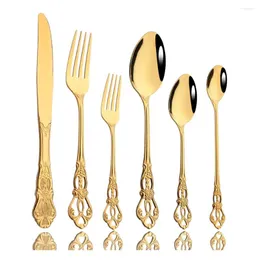 Dinnerware Sets 6Pcs Gold Cutlery Set Stainless Steel Black Knife Fork Ice Spoon Flatware Kitchen Luxury Tableware Drop