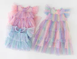 Summer Girls Stars Sequins Lace Tul Dresses Kids Colorido Color de color Tutu Tutu Tail Vestido de fiesta de cumpleaños A9569