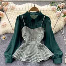 Kvinnors blusar gröna vit kontrast färg lapptäcke lång ärm blusar blusas mujer de moda 2023 höst vintage enbröd skjortor