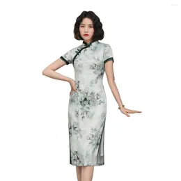 民族服上海の物語半袖中国の伝統的なドレスハイスプリットチョンサム膝の長さの春夏のqipao