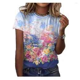 Frauen T-Shirts Frauen Crew Neck T-Shirt Sommer Mode Kleidung 3D Blumenmuster Digitaldruck Kurzärmel Casual Overgizes Lose locker