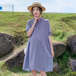 Maternity Dresses Summer Plaid Dress Puff Sleeve Stand Collar Pregnant Women Cotton Plus Size Pregnancy A-line Shirts