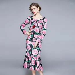 Casual Dresses Runway Rose Floral Trumpet Pleated Satin Women's Dress Sexy Square Collar Long Sleeve Flower Print Female Beach Bodycon