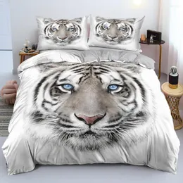 Sängkläder sätter 3D grå sängar Anpassad design Tiger Quilt Cover Animal Comporter Covers and Pudowcases 203 230cm Full Twin Size Bed Linen