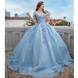 Glitter Tulle Quinceanera Dresses Floral 3D Flowers Chicker Crystal Beads of the Counter Corset Back Sweet 16 Dress Graduation Bageants 2023