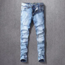 Mäns jeans street stil mode män retro ljus blå elastisk smal fit rippad frayed hål designer casual plain denim byxor