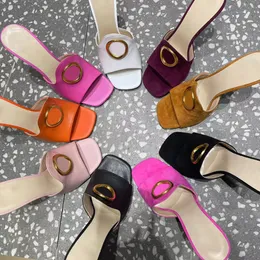 ljus färg äkta läder Stiletto sandaler mulor Dekorationsspänne metallic häl tofflor 7cm Klackar slip-on öppen tå mode Dam Lyx Designers skor